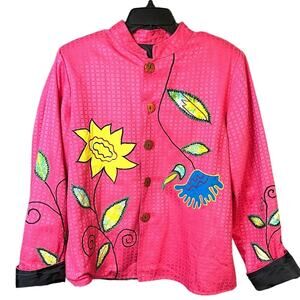 Embroidered Applique Floral Blazer Jacket Women's Fuchsia Vintage Wearable Art